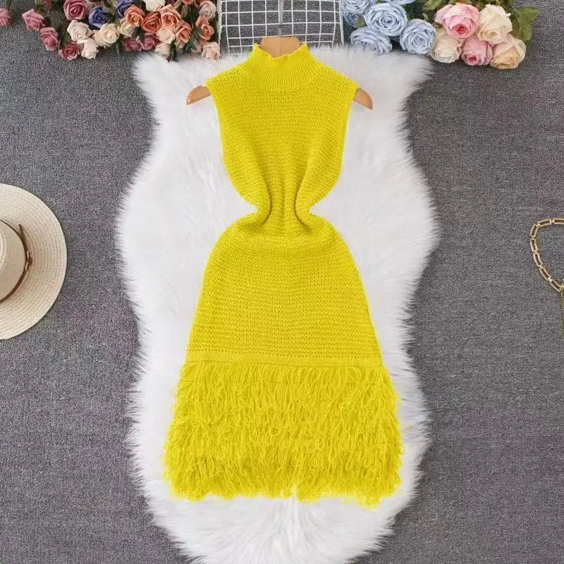 Super Elastic Fashionable Exquisite Versatile Comfortable Tassel Hem Round Neck Sleeveless Crochet Bodycon Dress