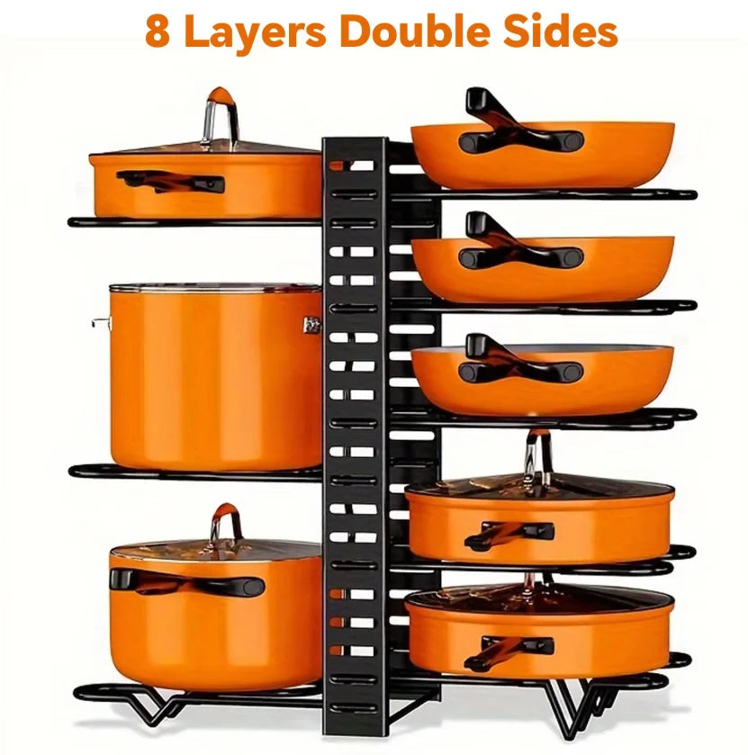 HTMCK Space-Saving 8-Tier Pot Rack Organizer - Durable Metal Holder for Pans, Pots, and Lids to Keep Your Kitchen Neat and Tidy