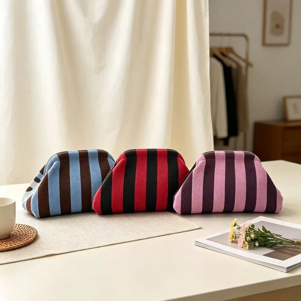 New Bright-Colored Knit Bag, Thin Striped Fly-Knit Cloud, Versatile Elegant Portable Makeup Bag, Large-Capacity Handbag