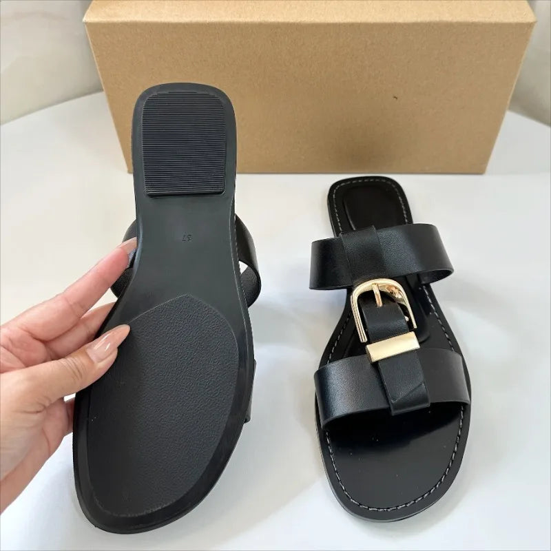 Summer Women Flat Slippers Sandals Fashion Metal Buckle Strap Open Toe Casual Beach Roman Shoes Ladies Zapatos De Muje