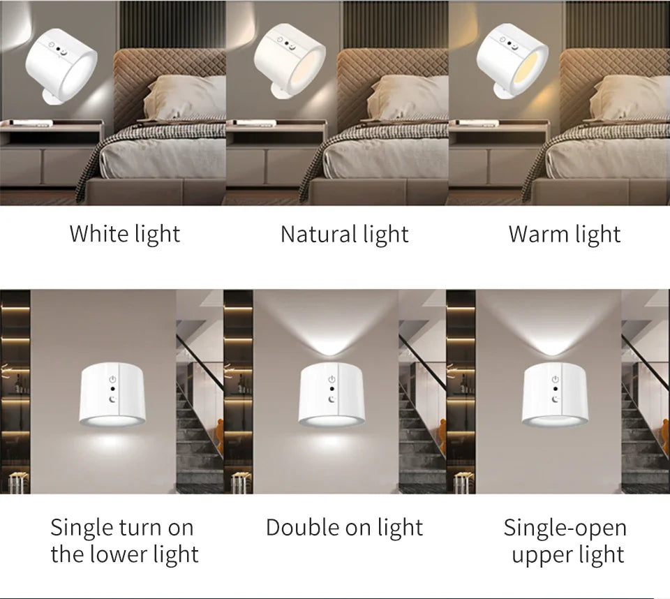 LED Wall Sconces Light Touch Control Double Head Wall Lamp 360 Rotatable 3Colors Wall Lights Wireless Night Lights Bedroom Light
