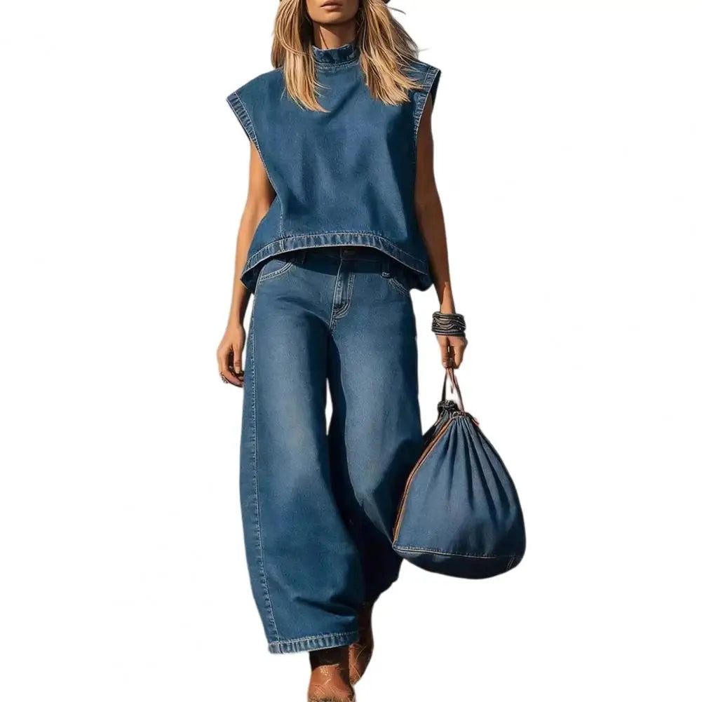 Wide-leg Denim Vest Pants Set 2026 Women Summer Outfit Sleeveless Top Trousers Set Casual Women Outfit Party Wear Two-piece Set