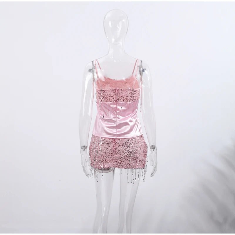 Sexy Tassel Sequins Vest Mini Skirt Women Crop Sling Vests Short Hip Package A-line Skirts 2026 Summer Lady Beach Party Outfits