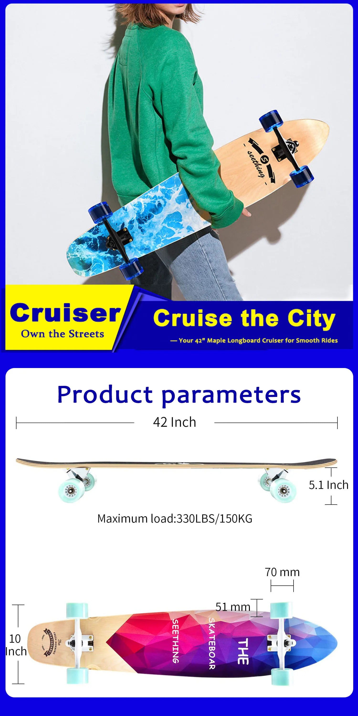 42 Inch Longboard Skateboard Complete Cruiser Single Kicktail Maple Wood for Adults Teens Beginners Dancing Street Sports
