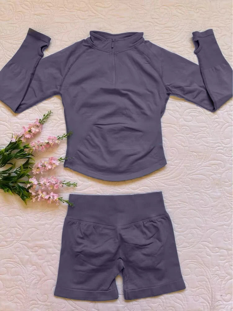 2026 2pcs Long Sleeve Yoga Set Women Half Zippy Jacket Longline Sports Top Gym Shorts Fitness Suits Running Coats Workout Set