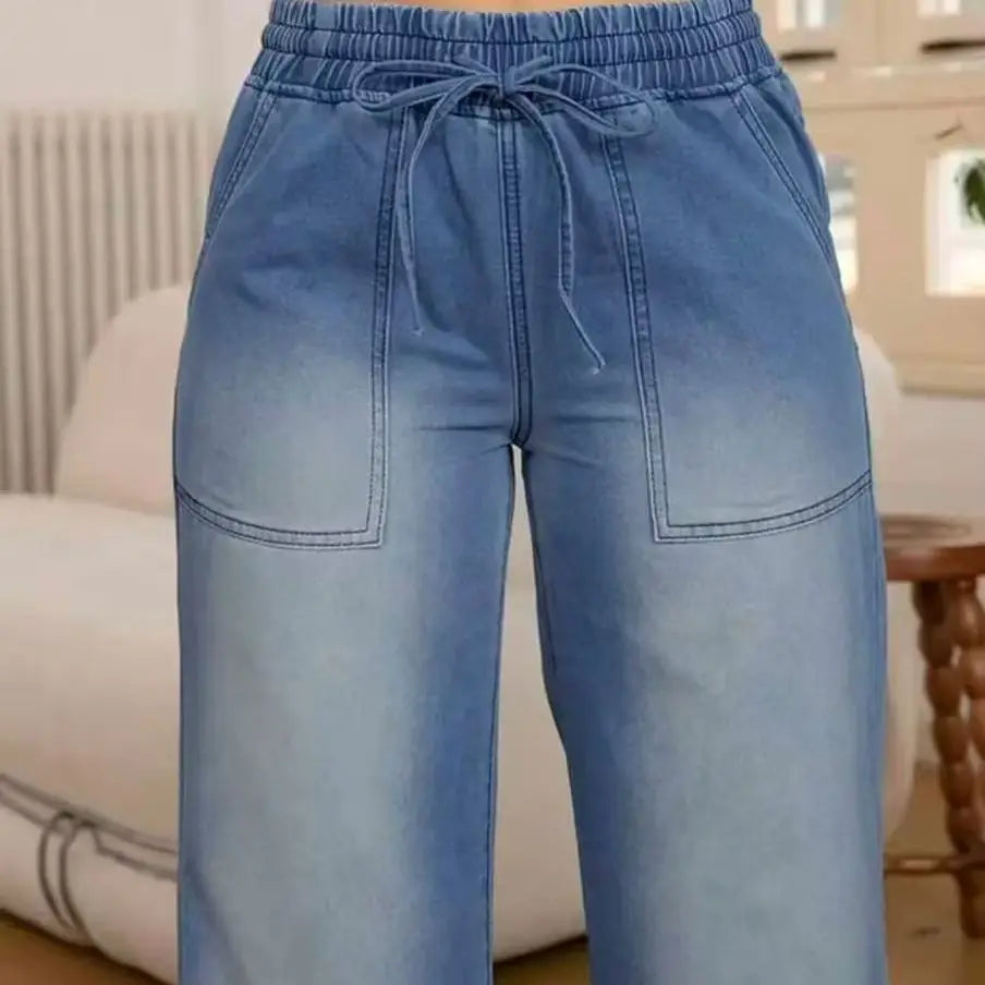 Elastic Waistband Drawstring Jeans with Pocket Elastic