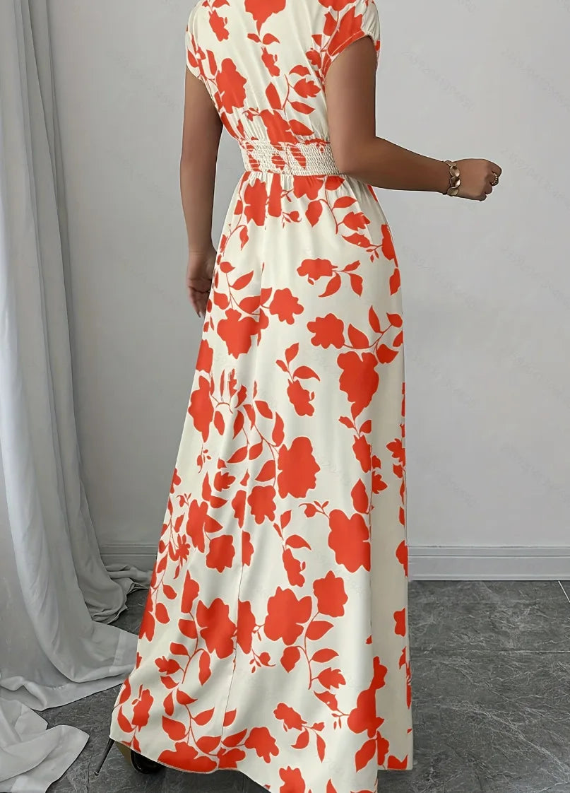 2026 Women's New Fashion Casual Daily Comfortable Elegant Lace-up Floral Print V-neck Short Sleeve Waist Women's Long Dress