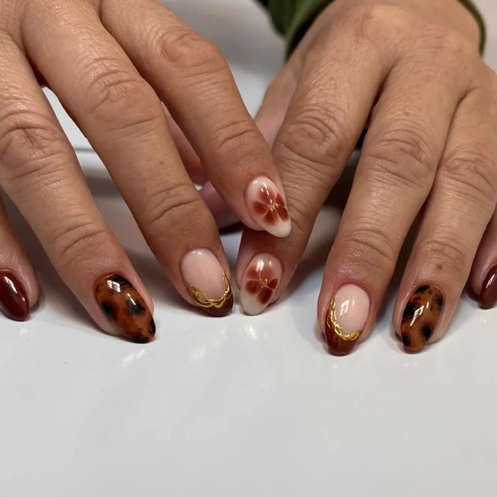 24PCS French Leopard Print Press on Nails Autumn Golden Pearl Brown Flowers Almond False Nails for Women Wearable Nail Manicure
