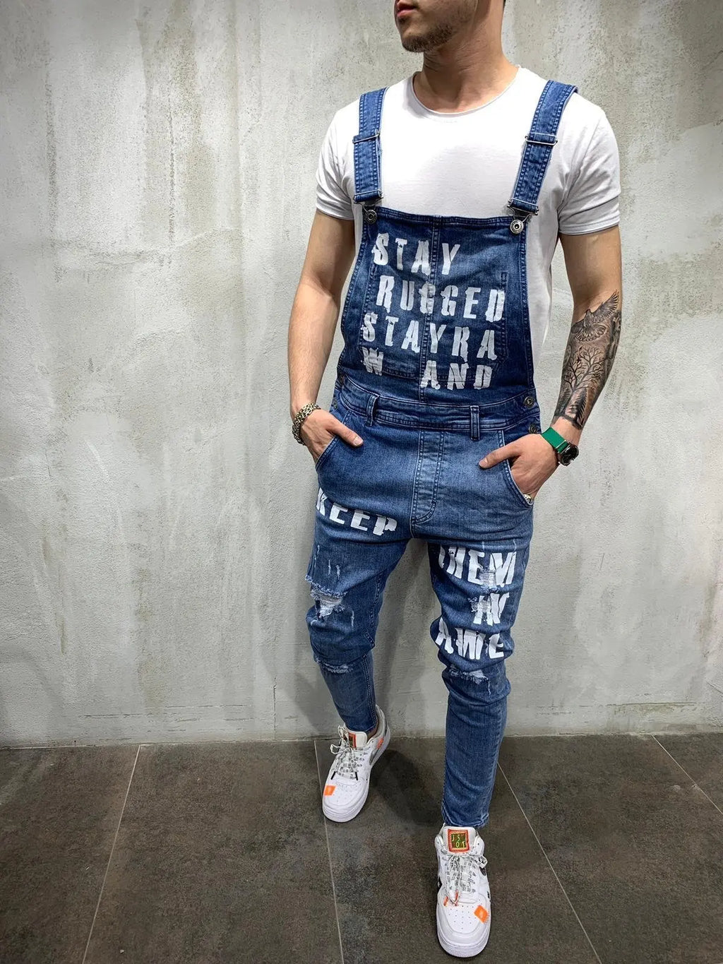 Men Suspenders Denim Jumpsuit Letters Denim Trousers Fashion Overalls Men's Ripped Denim Printed Jeans Men Streetwear