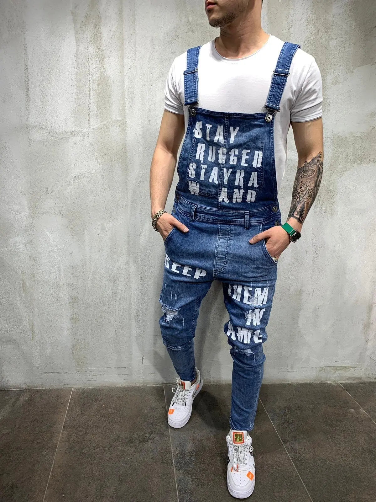 Men Suspenders Denim Jumpsuit Letters Denim Trousers Fashion Overalls Men's Ripped Denim Printed Jeans Men Streetwear