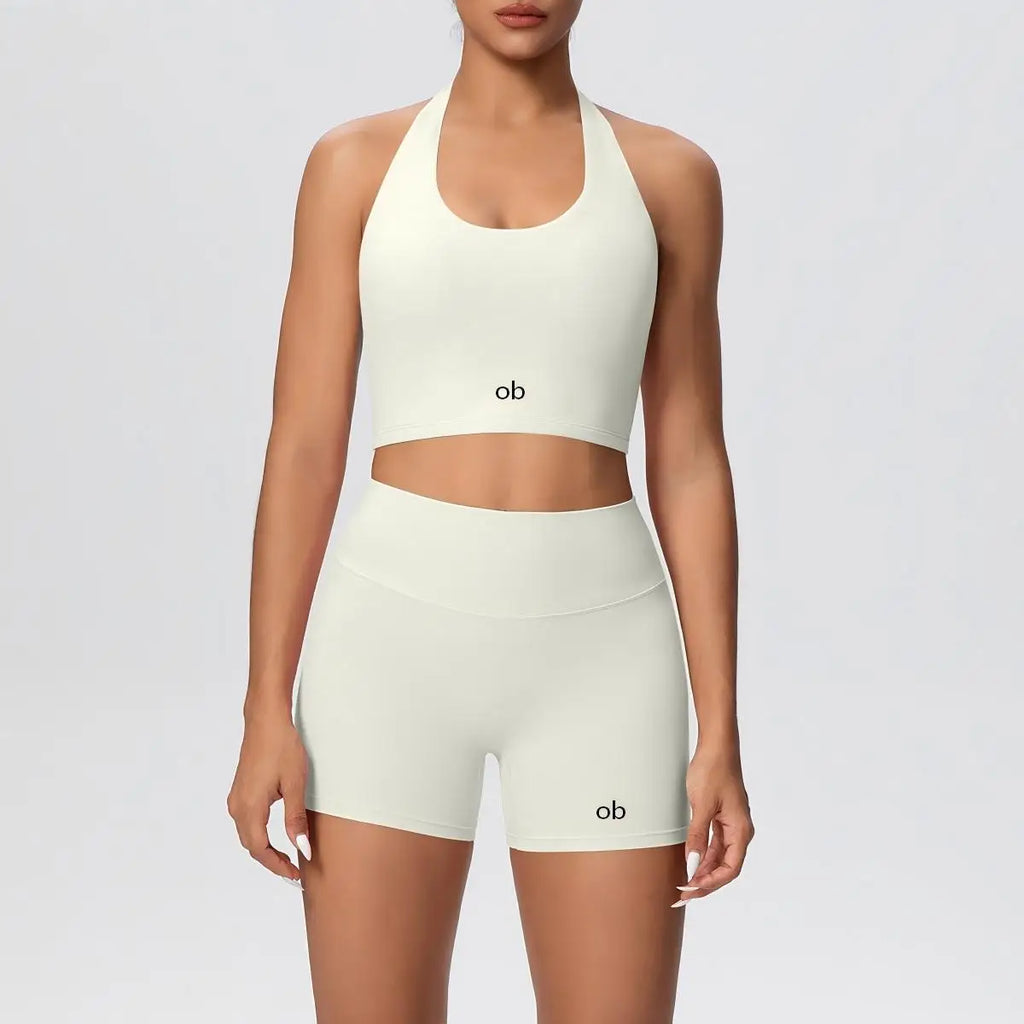 New solid-color double-sided brushed tight-fitting neckless short pants yoga set for exercise, running and fitness two-piece set