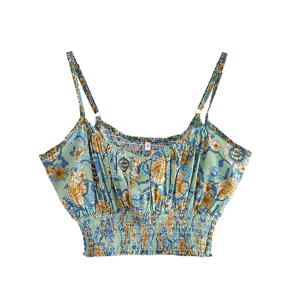 Vintage Chic  Women Floral Print Outfits Strap Sleeveless Tops Bohemian Suits Drawstring Pants 2 Pieces Rayon Cotton Boho Sets