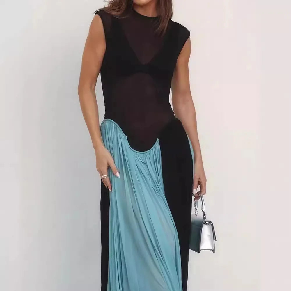 DSMTRC Women Vacation Clothing Vestidos Elegantes Para Mujeres Black Mesh Sheer Patchwork Blue Long Luxury Dress For Summer