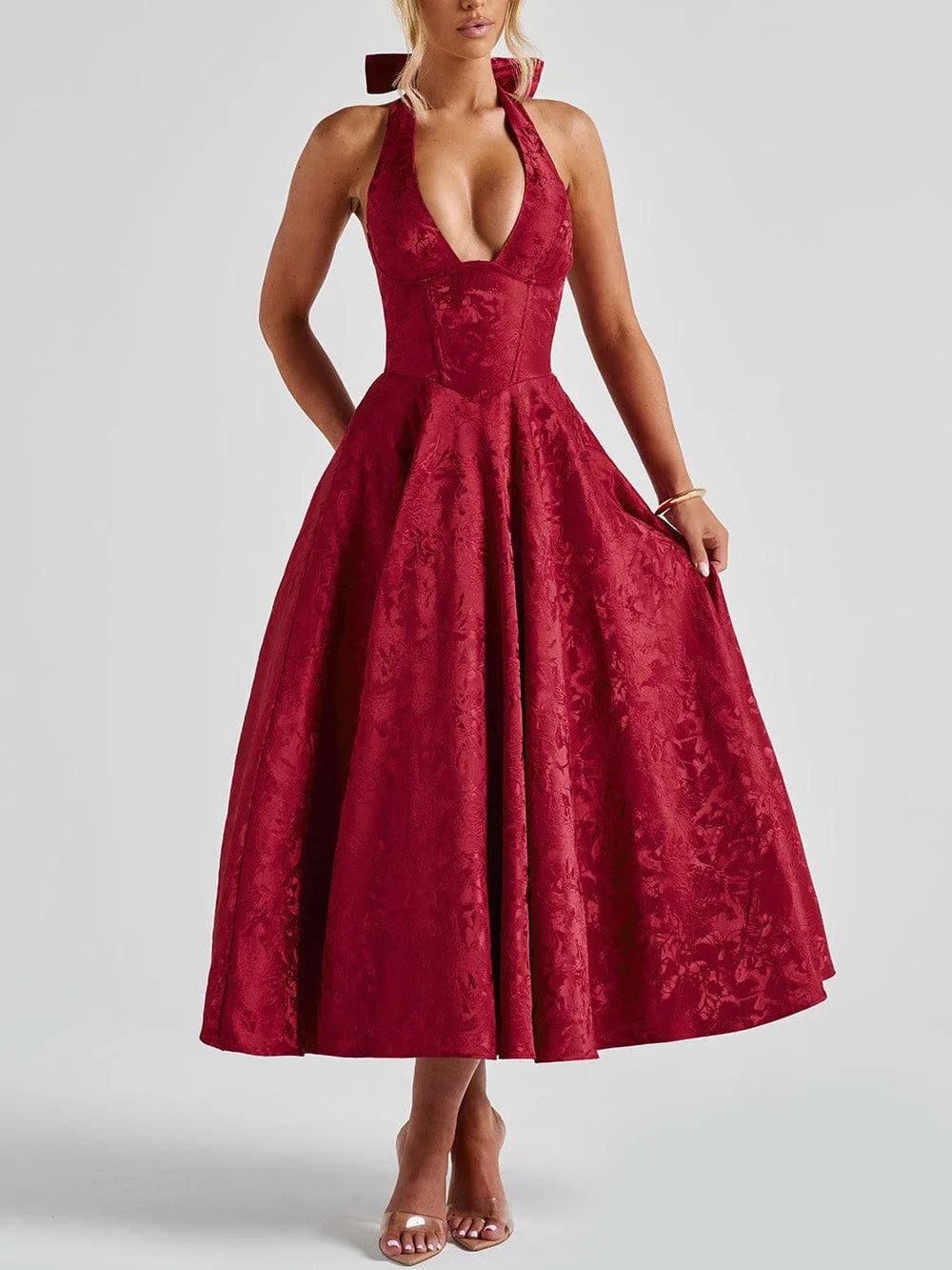 Puss Deep V-Neck Halter Dress Woman Summer Jacquard High-end evening dress Backless Elegant Patchwork Solid Party Sexy Vestidos