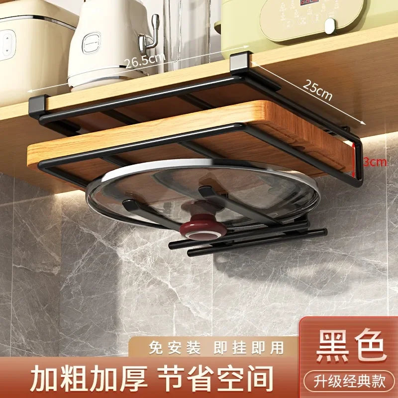 Kitchen Hanging Organizer Rack with Hooks Under Cupboard Paper Towel Rags Hanger Cutting Board Pot Cover Holder Storage Shelf