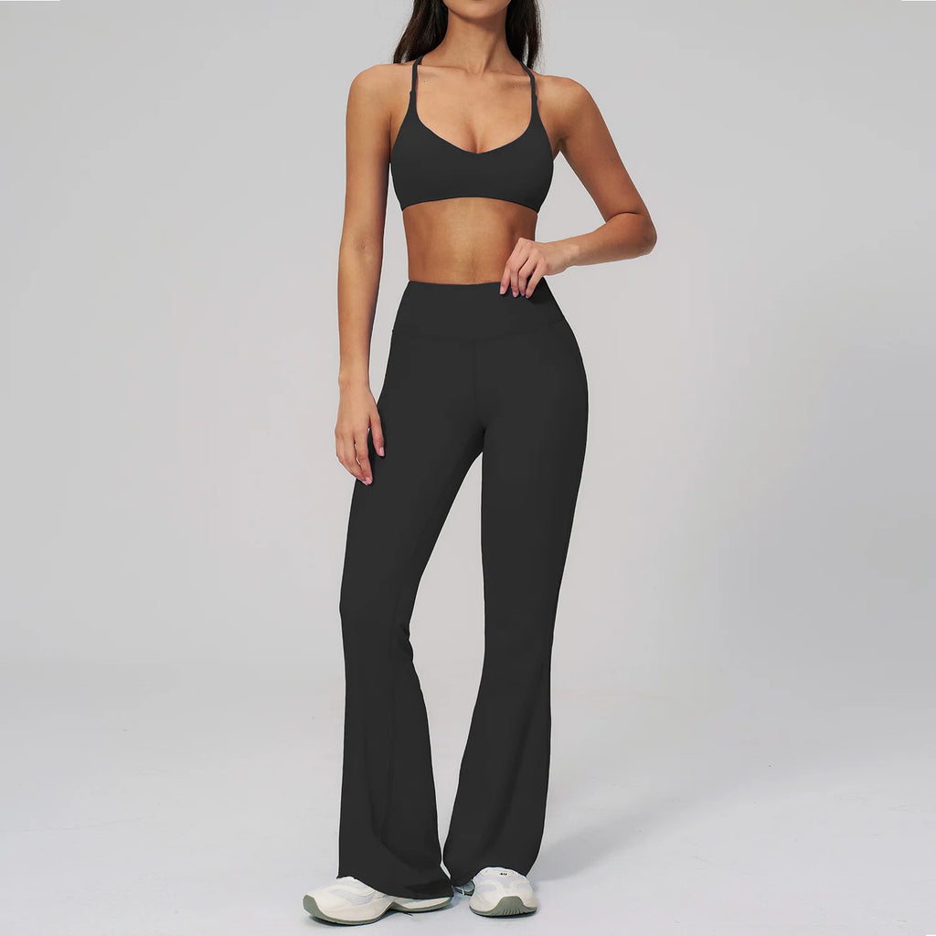 2PCS Flared Pants Yoga Set Women's Tracksuits Gym Fitness Outfits Sports Sets Female Shockproof Sports Bra Yoga Workout Clothes