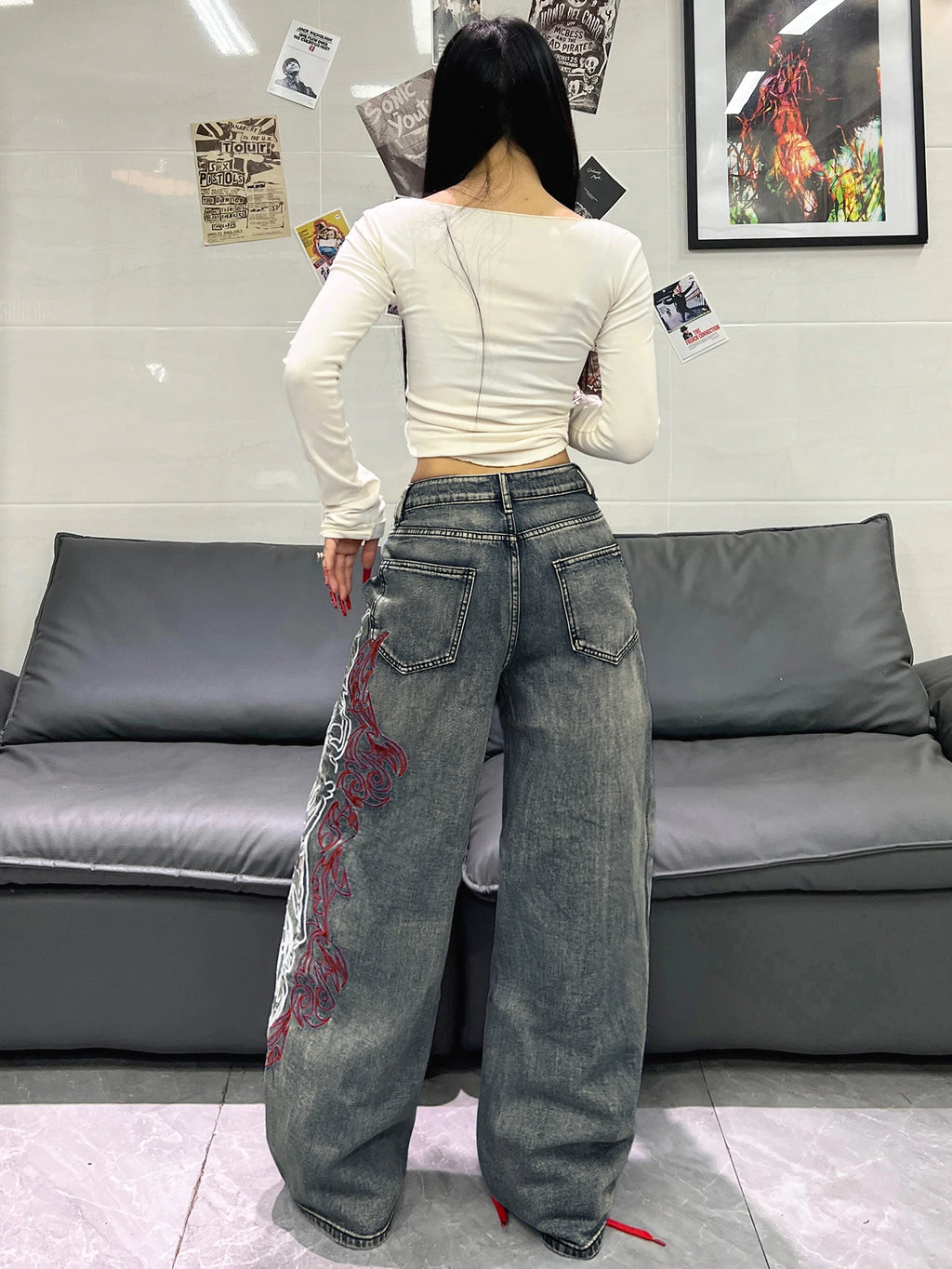 Women Spring Autumn Mid Waist Wide Leg Y2K Streetwear Jeans Side Totem Embroidery Washed Denim Daily Street Pants