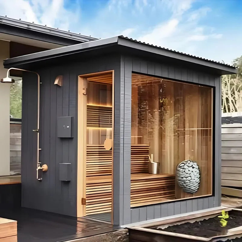 Modern simple outdoor cedar cube sauna easy installation automatic control furnace 4-6 people computer control panel