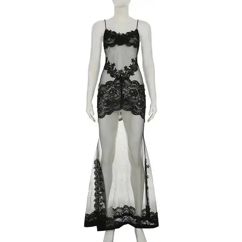 Lace Transparent Mini Dress For Women's Shestyle Embroidery Flower Mesh Transparent Flare Outfits Prom Nightwear Club Long Dress