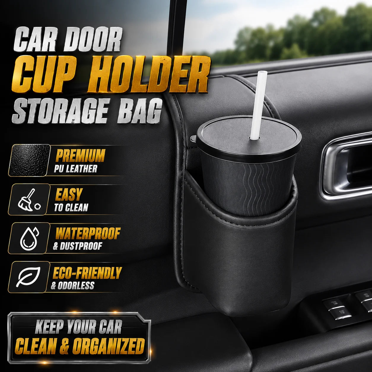 Car Door Cup Holder Self-Adhesived Drink Holder for Side Door Mini Waterproof Pu Leather Trash Bin Umbrella Holder Car Organizer