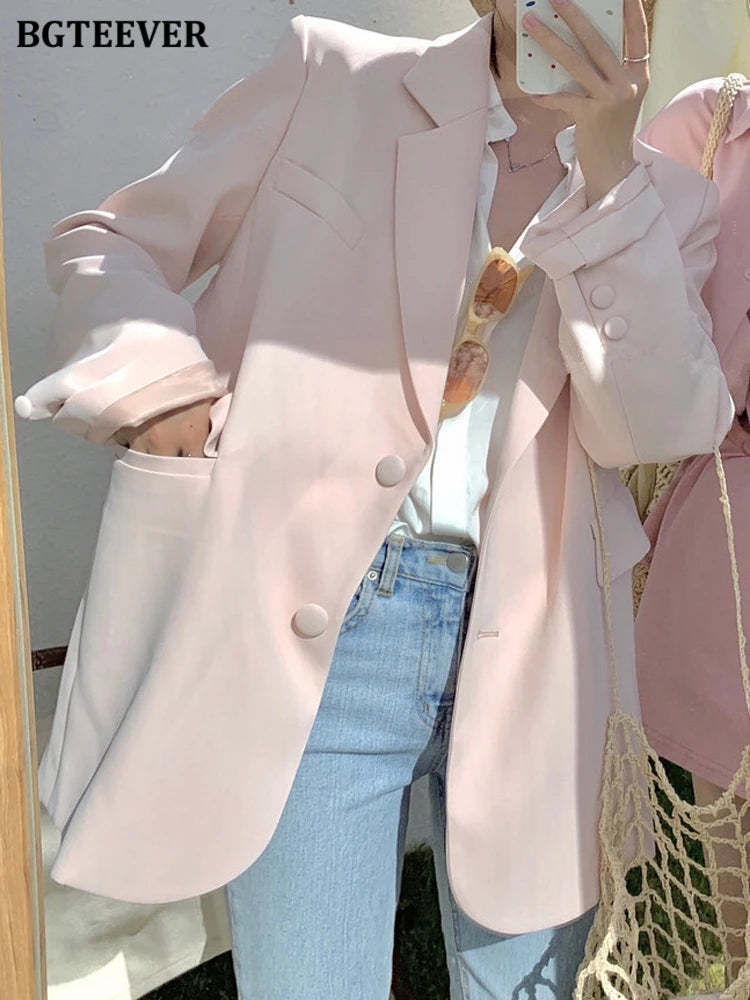 BGTEEVER Casual Loose Lapel Ladies Suit Jackets Full Sleeve Single-breasted Solid Female Blazer Tops Spring Women Outwear