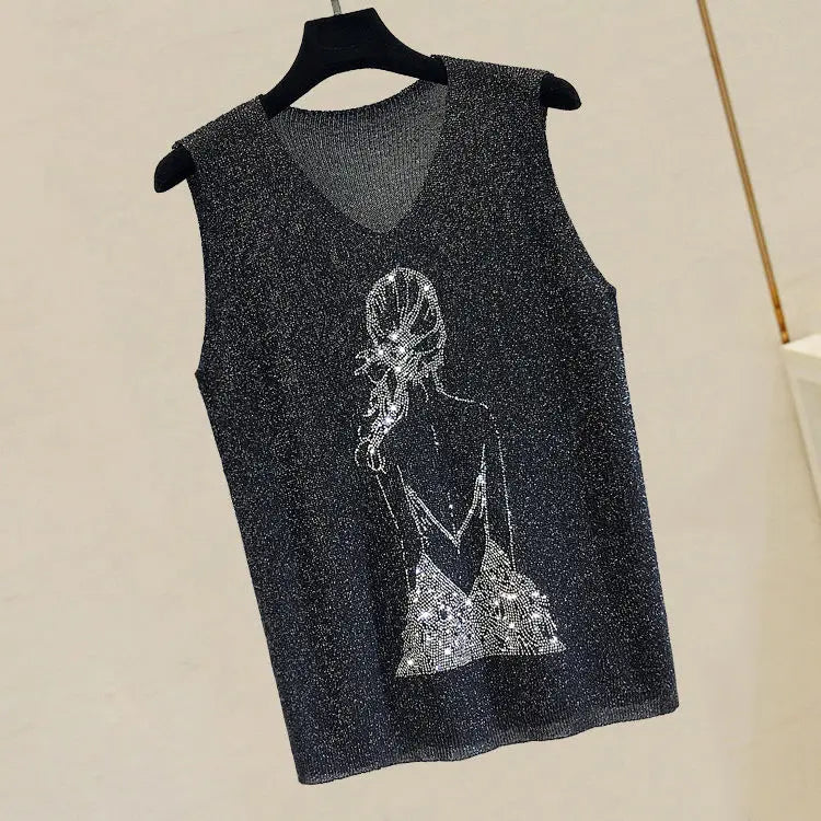 2025 Summer Hot Rhinestone Sleeveless Vest Women's Spring New Style V-neck Loose All-match Sling Knitted Top Girl T-shirt Green
