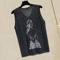 2025 Summer Hot Rhinestone Sleeveless Vest Women's Spring New Style V-neck Loose All-match Sling Knitted Top Girl T-shirt Green