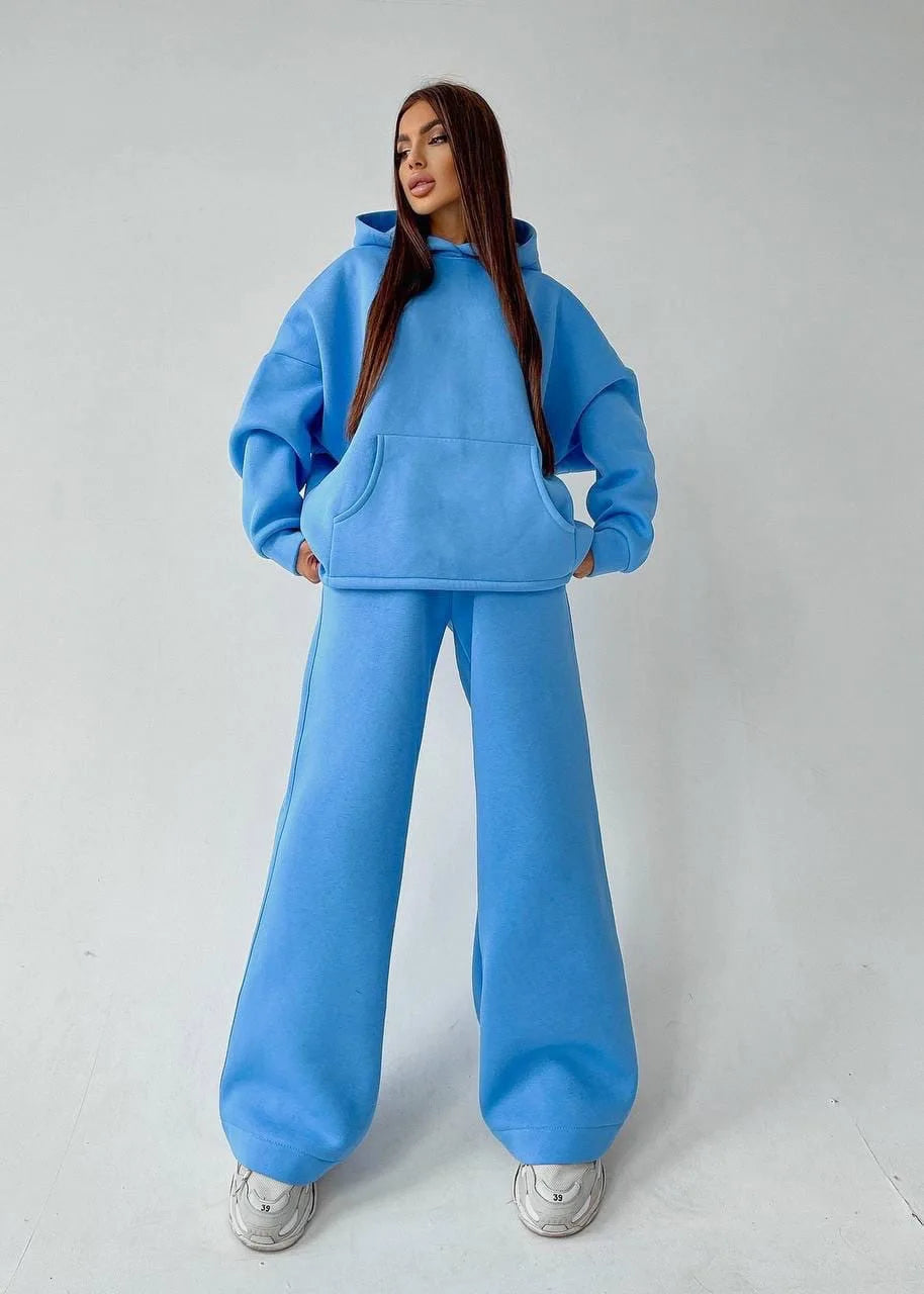 Woman's Solid Color Hooded Sweatshirt Pant Two-piece Set Fashion Long Sleeves Pocket Pullovers Pants Suits Ladies Loose Outfit