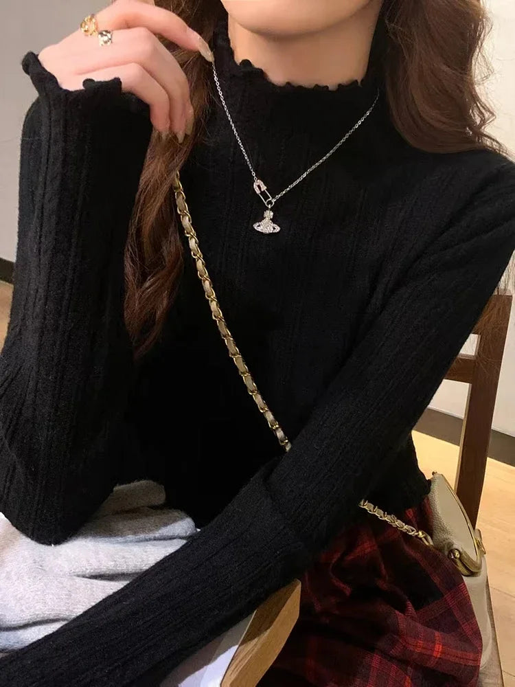 New Women's Autumn and Winter Solid Color Ruffled Semi-turtleneck Long-sleeved Knitted Sweater Casual Women's Knitted Pullovers