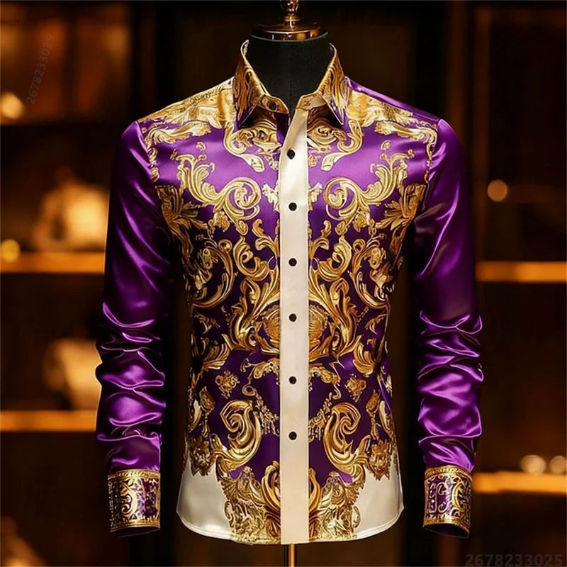 Luxury 3D Printed Long-Sleeve Men's Shirt, Baroque Gold Pattern Slim Fit Dress Shirt, Business Banquet Men's Shirt, Sizes XS-6XL