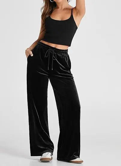 Women's High Waist Velvet Wide Leg Pants Drawstring Elastic Waist Loose Casual Trousers Autumn Winter Solid Color Long Pants B