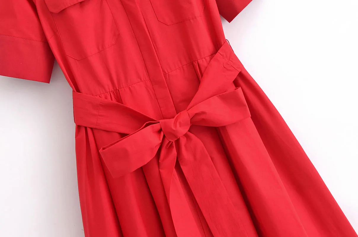 Women Long dress With Belt Spring Poplin Lady Short Sleeve Dress Pocket Women's Midi Dress Side Zipper Female Dresses