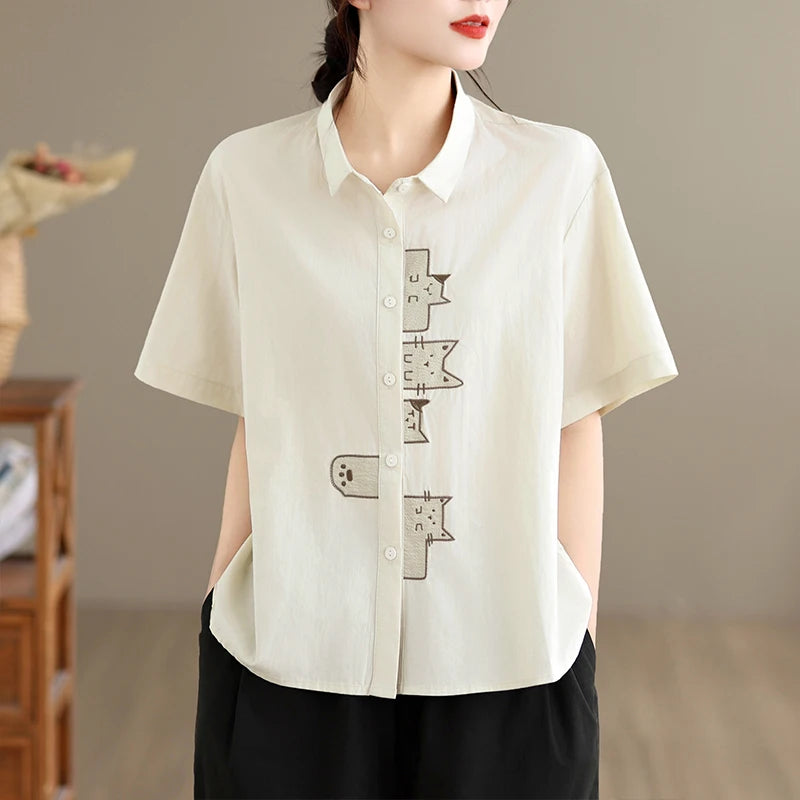 White Oversized Casual Short Sleeve Embroidered Shirt Loose Fit Versatile Slimming Style Women's Cotton Shirt Summer 2026