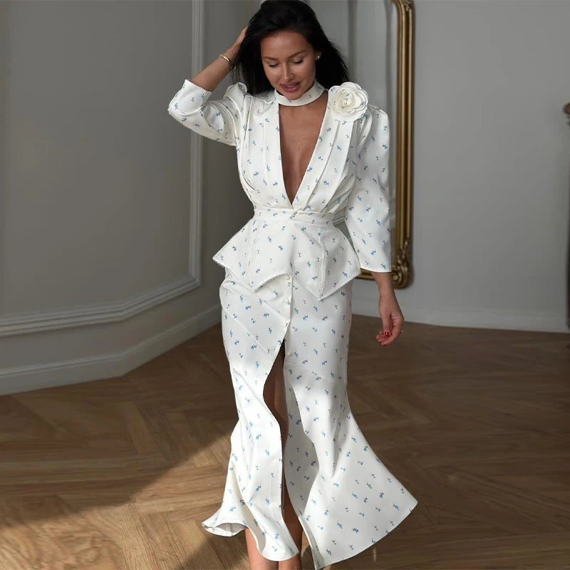 Elegant Women's Printed Waistband Stain Long Dress Slim Waist Cinched Bubble Sleeve Dresses 2026 Spring Summer Party Robes