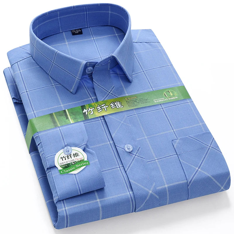 Bamboo Fiber Men Shirt Long Sleeve Elastic Anti-wrinkle Regular Fit business Formal Social pink Blue Striped checkered print 4XL