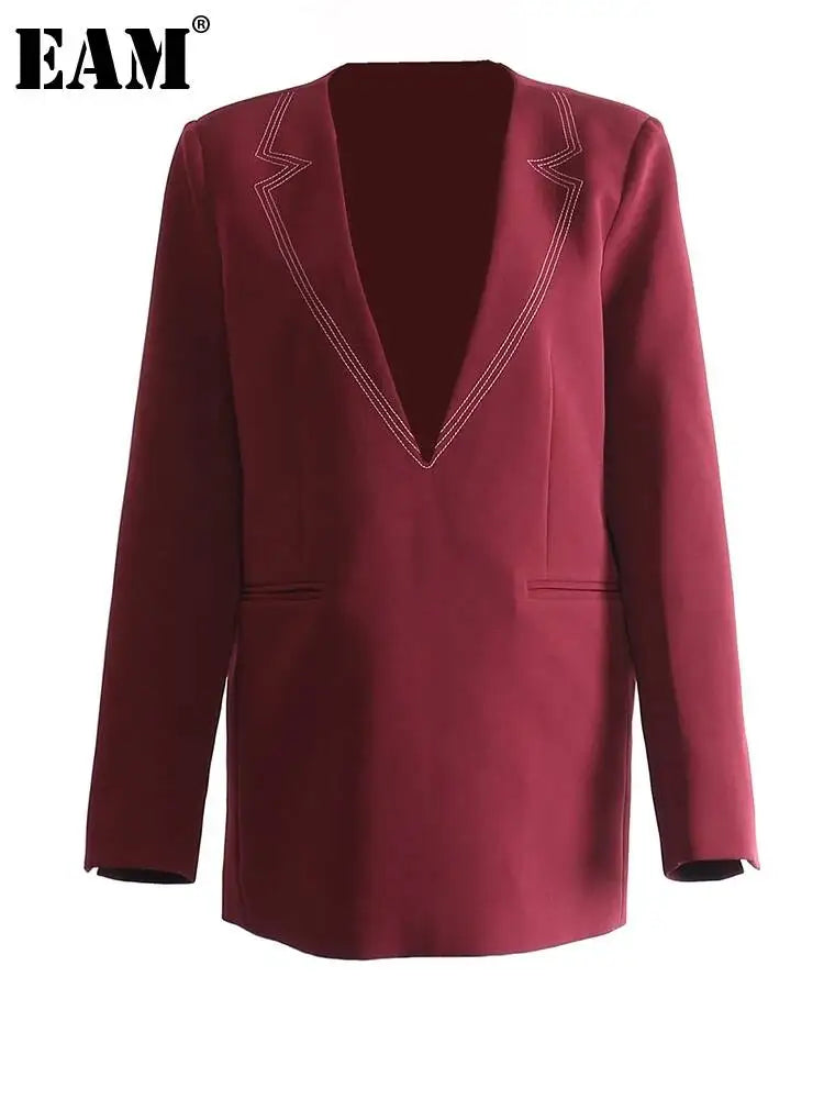 [EAM] Women Wine Red Topstitched Big Size Elegant Blazer New V-neck Long Sleeve Jacket Fashion Tide Spring Autumn 2026 1DH7919