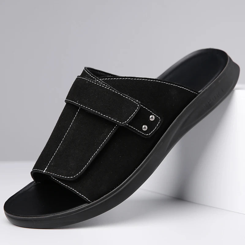 New Men's Slip-On Sandals with Magic Tape Outdoor Anti-Slip Soft Bottom Flat Slippers Versatile Comfortable Summer Shoes-1102