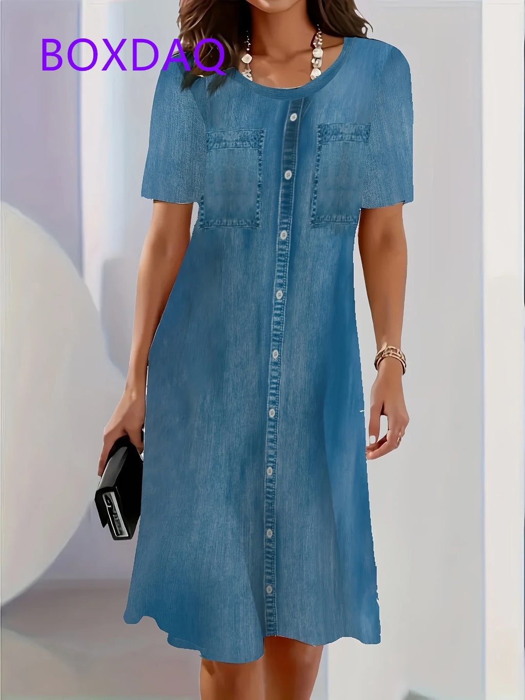 Fashion Trend 3D Imitation Denim Pattern Women's Dress New Summer Street Denim Flower Print Short Sleeve Loose Casual Mini Dress
