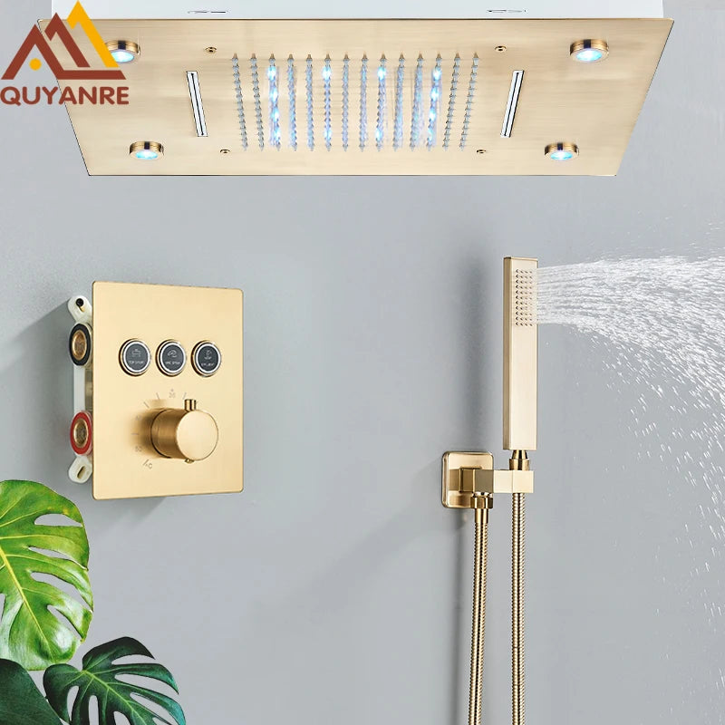Digital Display Thermostatic Rain Shower System Set 14 X 20 Inch Waterfall Rainfall LED Ceiling Shower Head with HandShower