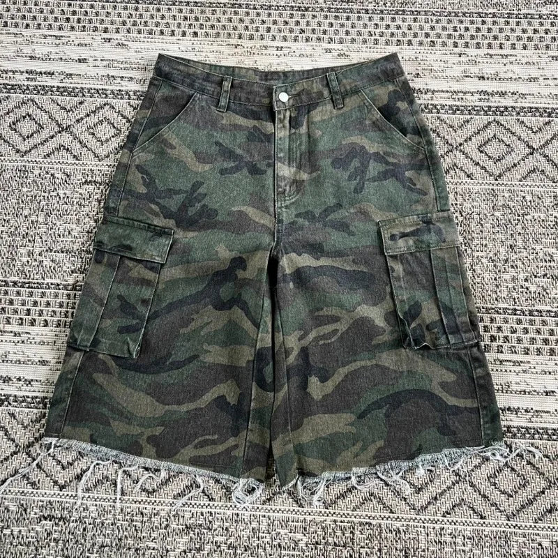 Y2K American New Camouflage Washed Old Baggy Denim Shorts Women Gothic Punk Hip Hop Popular Joker Wide Leg Shorts