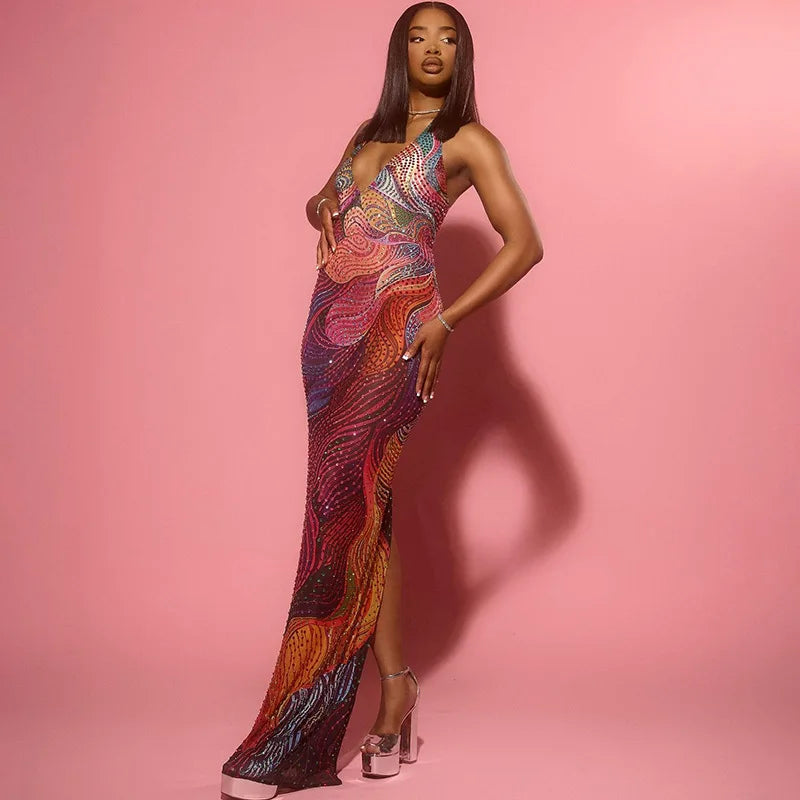 STYLISH LADY Abstract Print Mesh Halter Maxi Dress 2026 Summer Women Sexy Sleeveless Backless V Neck Bodycon Party Dress