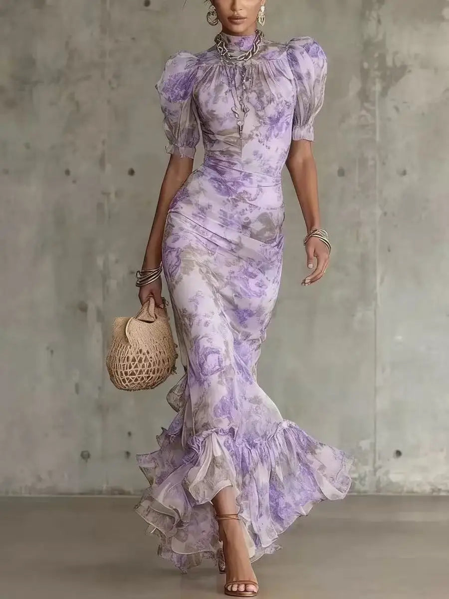new Flower Print Women's Sleeveless Halter Maxi Dress Summer Fashion High Neck Ruched Waist Elegant Chic Holiday Party Dress