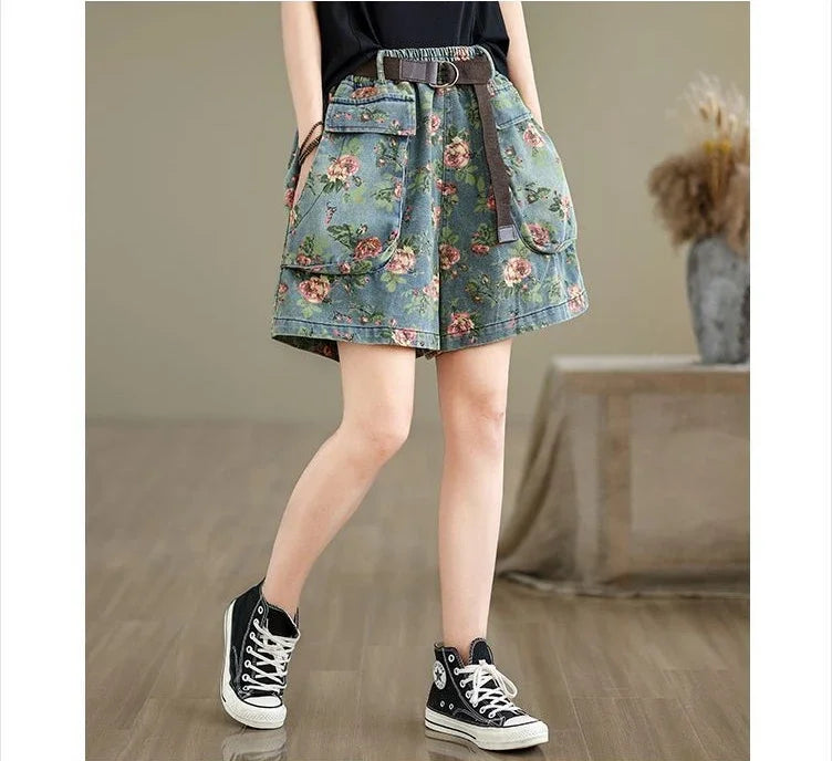 Retro Floral Printed Denim Wide-leg Shorts Women Summer Latest Fashion Baggy Big Size Girl Thin Elastic Waist Jean Short Pants