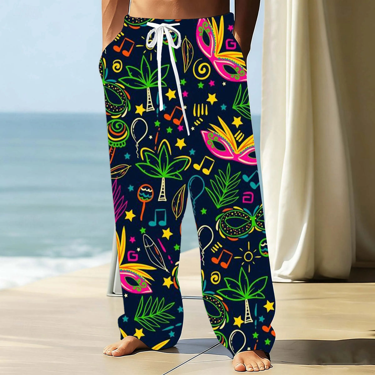 Mardi Gras Men's Pants Carnival mask Graphic Print With Drawstring Pockets Summer Casual Fall Outdoor Stylish thin Men Pants
