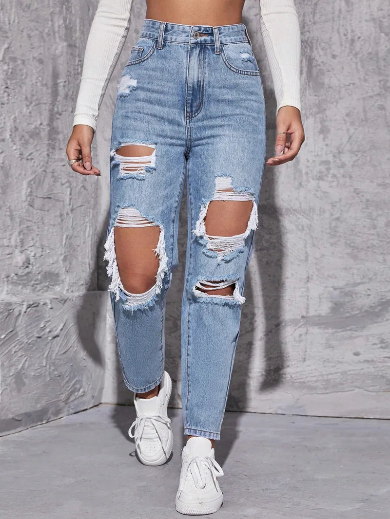 Women's High Waist Ripped Denim Jeans with Distressed Knee Holes and Straight Leg Fit for Casual Streetwear Fashion