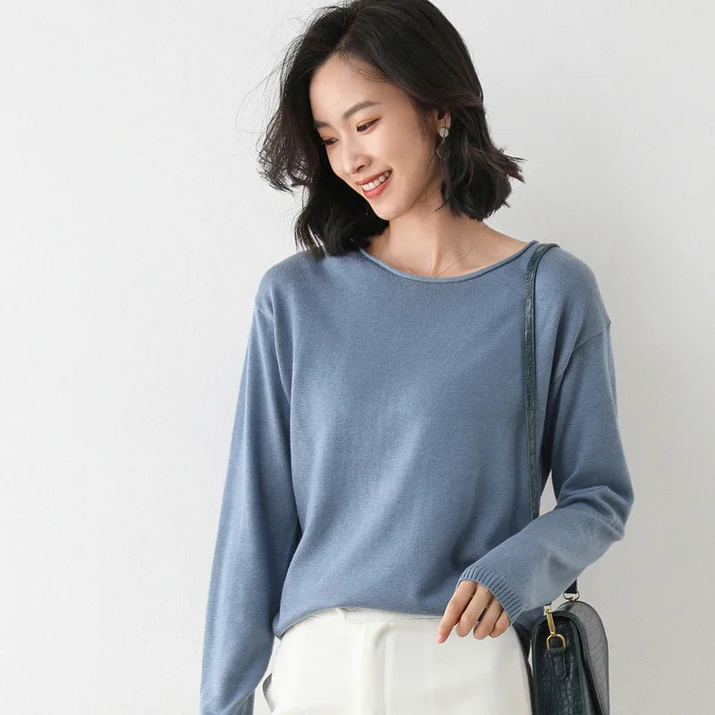 2025 Spring Autumn Womens Sweater Solid Knitwear Korean Loose Female Basic Casual Jumpers Stretch Pullover Sky Blue Pink Sweater