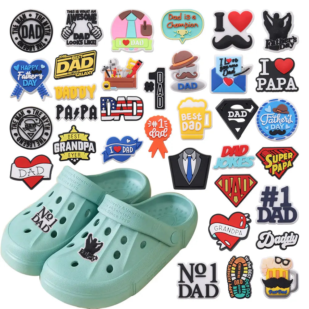 1-34PCS Cartoon Papa Happy Father's Day Best Dad Heart PVC Shoes Charms Accessories Buckle Clog Decorations DIY Bracelet