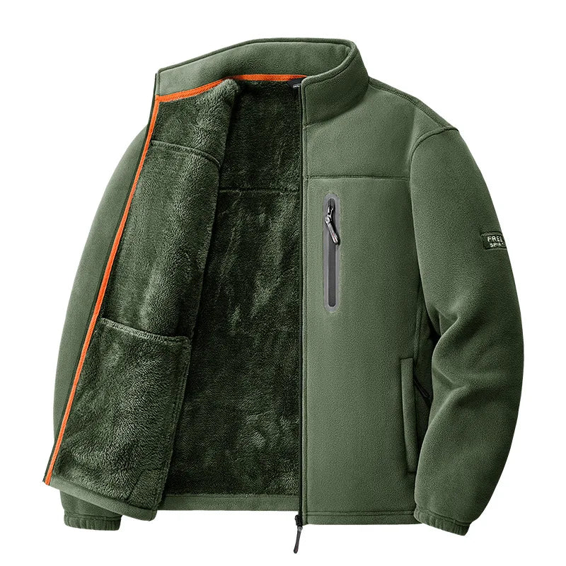 Men Fleece Lined Jacket Winter Thick Warm Stand Collar Zip Up Windproof Outdoor Casual Outerwear