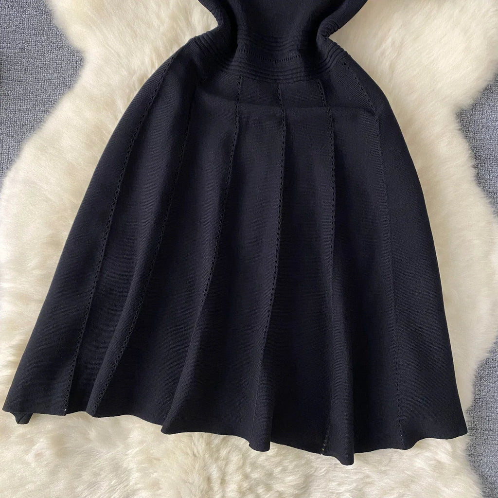 Red Senior Solid Knitting Dress Ladies O-Neck Short Sleeve Hollow Out Design Elastic Knitted Fashion Basic A-Line Dress