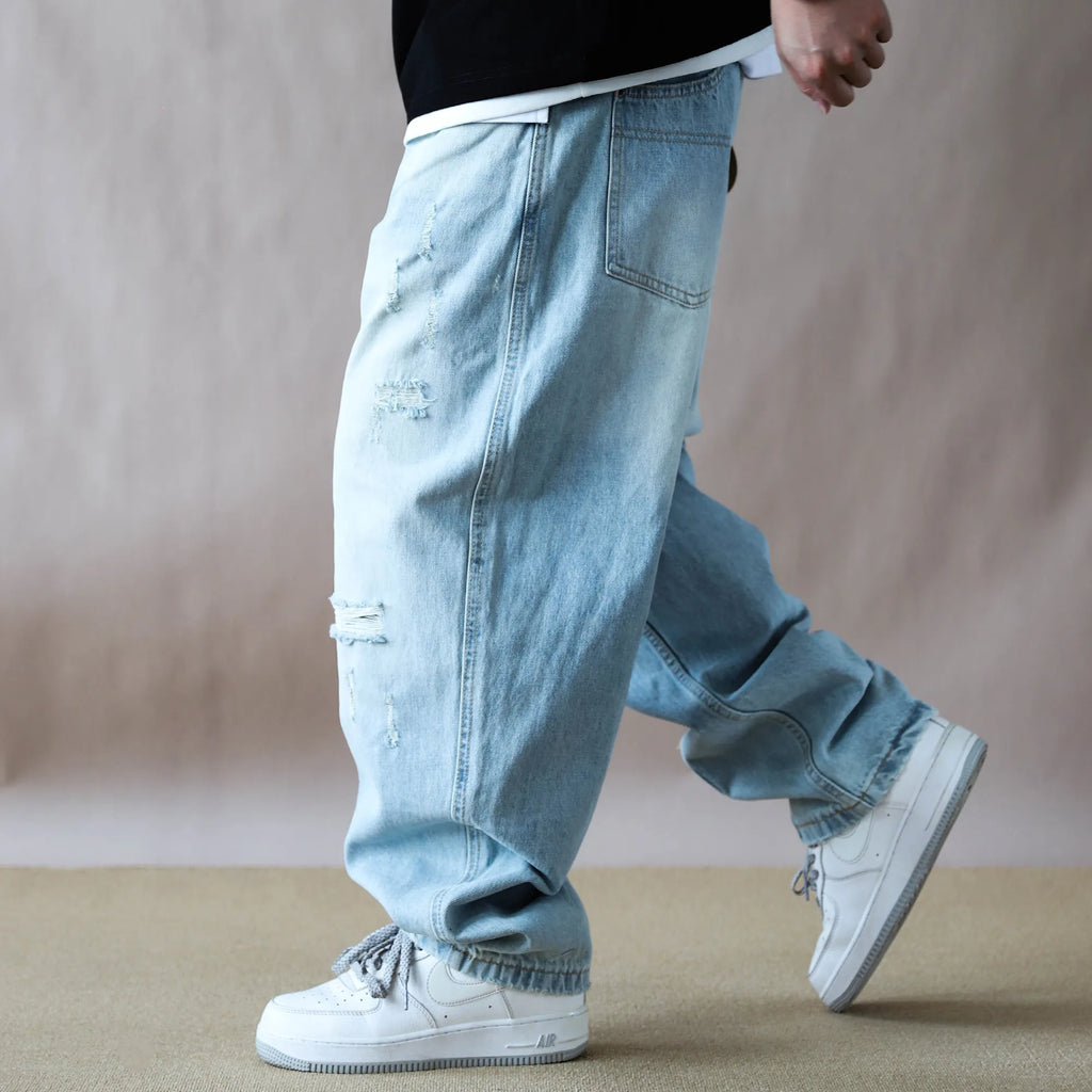 Mens Jeans American Vintage Light Blue Washed Distressed Ripped Patch Baggy Loose Curved Tapered Denim Pants Streetwear Hip Hop